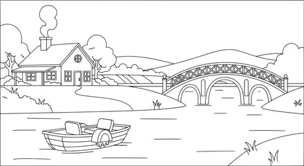 Fototapeta premium Scenic river landscape with bridge and house with transparent background