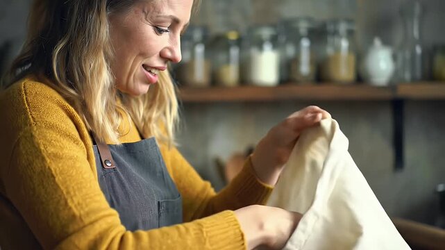Smiling Woman Takes Spaghetti from Reusable Bag on Shelf with Jars at Home