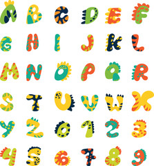 Colorful Dino Alphabet and Numbers Set. Fun and playful dinosaur themed alphabet and numbers in bright colors. Perfect for kids learning, posters, nursery decor, and educational design projects