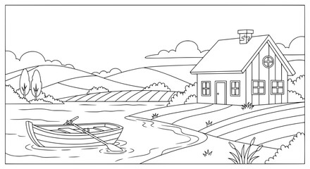 Obraz premium Landscape with house and boat on river with transparent background