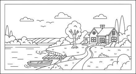 Obraz premium Scenic lakeside countryside with house and boat with transparent background