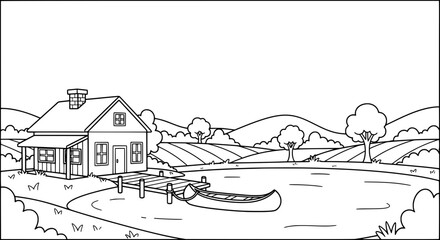 Obraz premium Countryside landscape with house and trees on rolling hills with transparent background