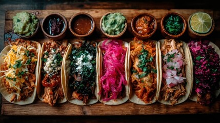 A variety of flavorful tacos arranged on a rustic wooden board, showcasing diverse toppings and vibrant colors.