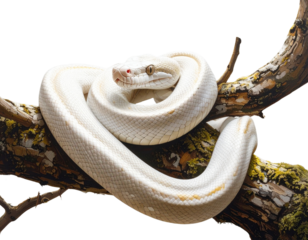 White Anaconda Coiled on Tree Branch, Side View, Isolated on Transparent Background