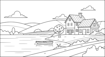 Obraz premium Rural landscape with houses and hills with transparent background