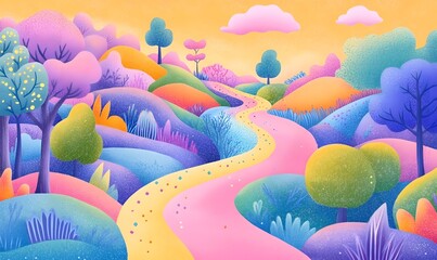 Whimsical cartoon illust n of a character leaving breadcrumbs along a winding forest path