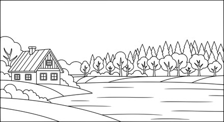 Obraz premium Rural landscape scene with trees and house with transparent background