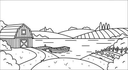 Obraz premium Rural landscape with barn and fields with transparent background