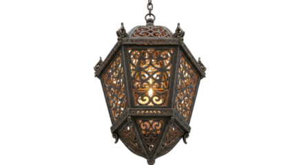 Ornate, vintage-style metal lantern with intricate decorative patterns, suspended from a chain against a white background.
