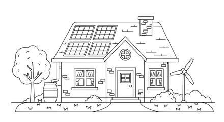 Obraz premium House with solar panels and wind turbine on transparent background