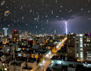 Nighttime Cityscape with Raindrops Glass