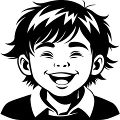 Comic Style Black and White Portrait of a Joyful Boy Laughing with Wide Grin Capturing Youthful Happiness and Exuberance