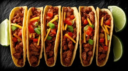 Six savory tacos filled with seasoned meat, topped with shredded cheese, diced tomatoes, and chopped vegetables, displayed on a dark stone surface, providing a delicious and appetizing visual.