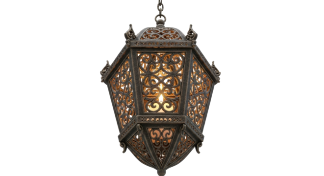Ornate, vintage-style metal lantern with intricate decorative patterns, suspended from a chain against a white background.