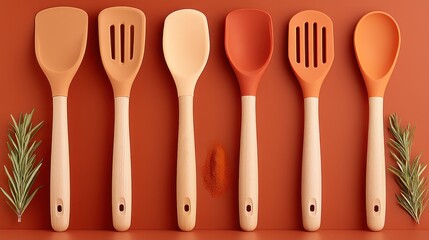 A set of vibrant terracotta-colored silicone kitchen utensils with light-tan wooden handles, arranged on a rich terracotta background, accented by sprigs of rosemary and a sprinkle of red spices.