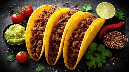 Three delicious tacos filled with savory ground beef, presented on a dark surface with colorful accompaniments like lime wedges, fresh cilantro, and a dollop of guacamole.