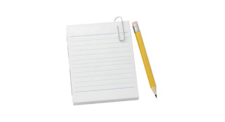 A stack of lined notepaper held by a paperclip sits next to a yellow pencil on a white background.