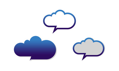 Set of three cloud-shaped speech bubbles in blue, purple, and gray. Ideal for communication, messaging, and online chat concepts.