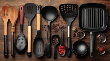 A top-down view of various kitchen utensils and spices arranged neatly on a rustic wooden surface, showcasing a collection of wooden spoons, black plastic spatulas, ladles, and frying pans, along...