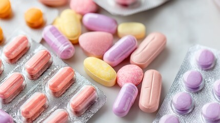 Colorful pills and capsules in blister packs arranged on a light surface, showcasing a variety of vibrant hues.