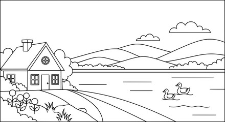 Obraz premium Serene lakeside landscape with house and ducks with transparent background