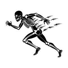 Black silhouette of skeleton running at high speed with motion blur, angular lines and relentless pursuit energy
