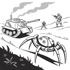 A futuristic battle scene featuring a tank, soldiers, and a spider robot