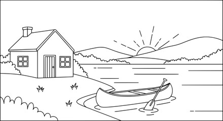 House by lake with sunrise and boat with transparent background