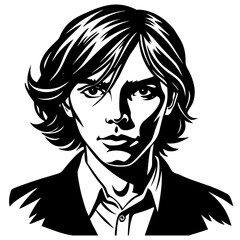 High-contrast black and white portrait of young man with voluminous hair, sharp features and dramatic artistic style