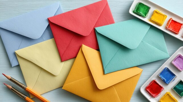 Vibrant colored envelopes and watercolor paints on a light blue surface create a visually appealing and creative composition. - Powered by Adobe