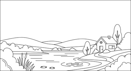 Obraz premium Scenic landscape with lake, house, trees and hills with transparent background