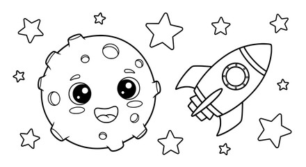 Space themed cartoon moon and rocket with transparent background