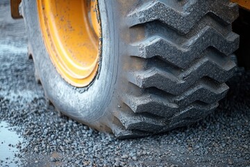 close-up of a large heavy-duty tire on rough gravel surface with wet patches