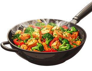 Cartoon-Style Chicken Stir Fry in Wok with Colorful Veggies, Isolated