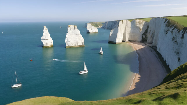 Boats Sailing In The Ocean Next To The Old Harry Rocks At Handfast Point, on the Isle of Purbeck in Dorset, England. - wide shot