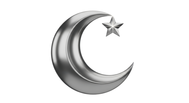 Silver crescent moon and star symbol, representing Islam, isolated on a white background.