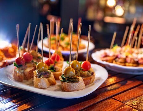 traditional spanish snacks or tapas called pintxos in a bar counter in san sebastian basque country spain basque national cuisine in a typical cafe or restaurant or tapas bar