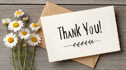 A delicate thank you card with a simple design, featuring a bouquet of daisies and a handwritten "Thank You!" message, placed on a weathered wooden surface.