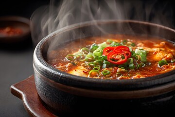 Close-up view of hot kimchi jjigae served in traditional stone pot.