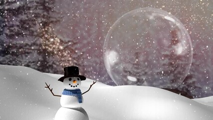 Animation of snow falling over snowman, snow globe and winter trees - Powered by Adobe