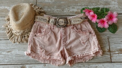 A pair of distressed, blush-pink denim shorts sit atop a weathered wooden surface, styled with a cream straw hat and a coordinating belt.