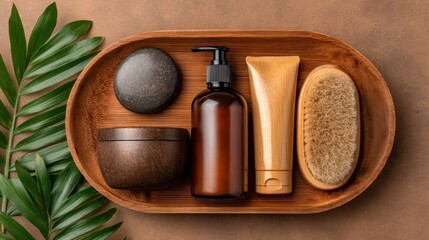 Natural spa products arranged in a wooden tray with tropical foliage.