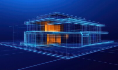 wireframe digital model of a modern two-story house with illuminated interior and blue transparent lines on dark background