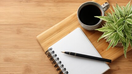 A composition of a notebook, pen, coffee cup, and plant on a light brown wooden surface, showcasing a calm and organized workspace.