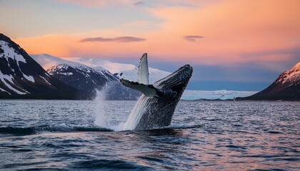 Fototapeta premium leaping whale dances in arctic twilight celebrating international whale day embodying oceanic grace and ancient marine tales