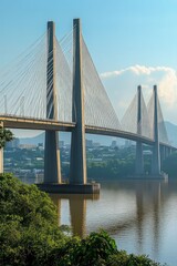 Obraz premium Modern cable-stayed bridge spanning a calm river with tall pillars, cityscape in the background and green foliage in the foreground under a clear sky