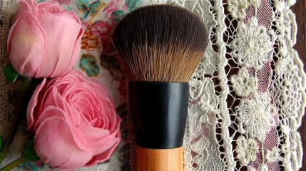 A delicate makeup brush sits alongside beautiful pink fabric roses on a lace-trimmed surface.