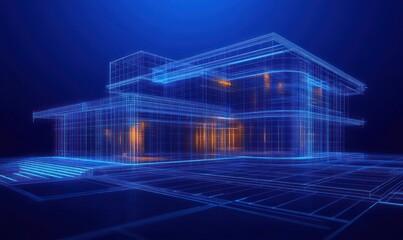 3D digital wireframe model of a modern two-story house with illuminated interior sections on a dark blue background