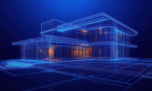 3D digital wireframe model of a modern two-story house with illuminated interior sections on a dark blue background - Powered by Adobe