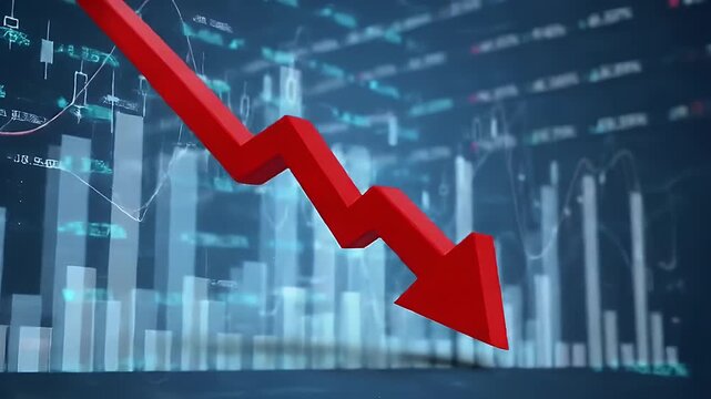 Red Arrow Shows Financial Decline Over a Digital Bar Graph on Dark Blue Indicating Recession Risk Analysis